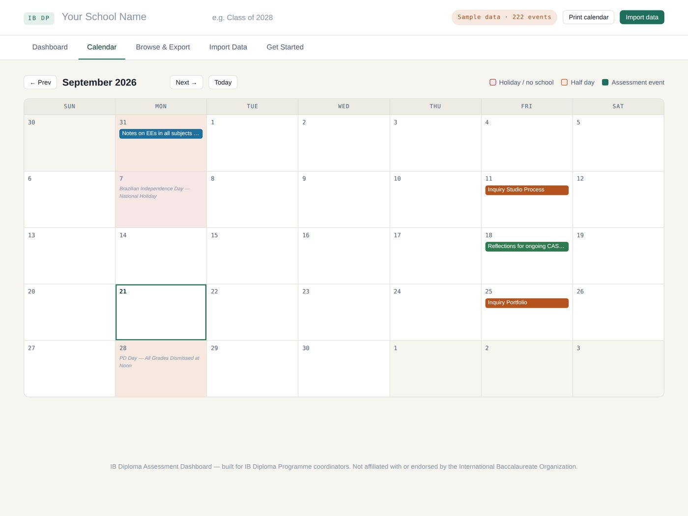 A color-coded month calendar