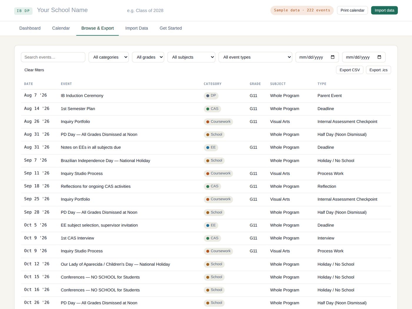 The browse and export view