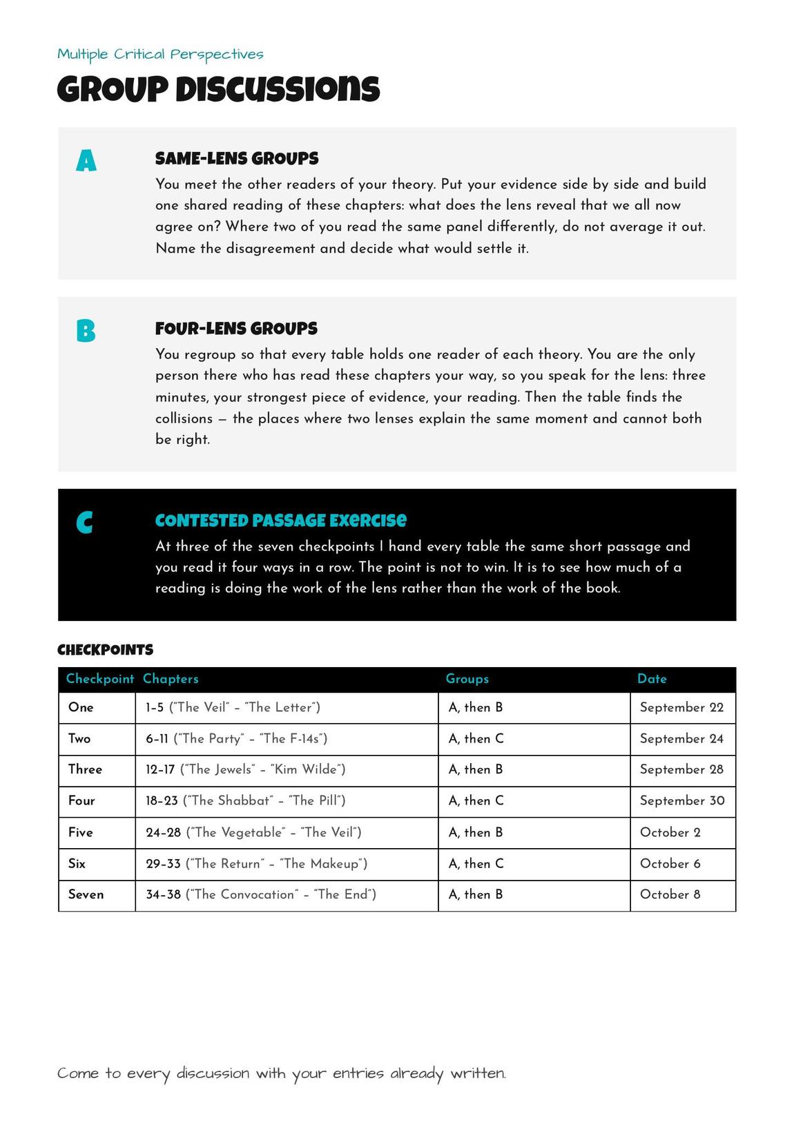 Discussion formats and the checkpoint schedule