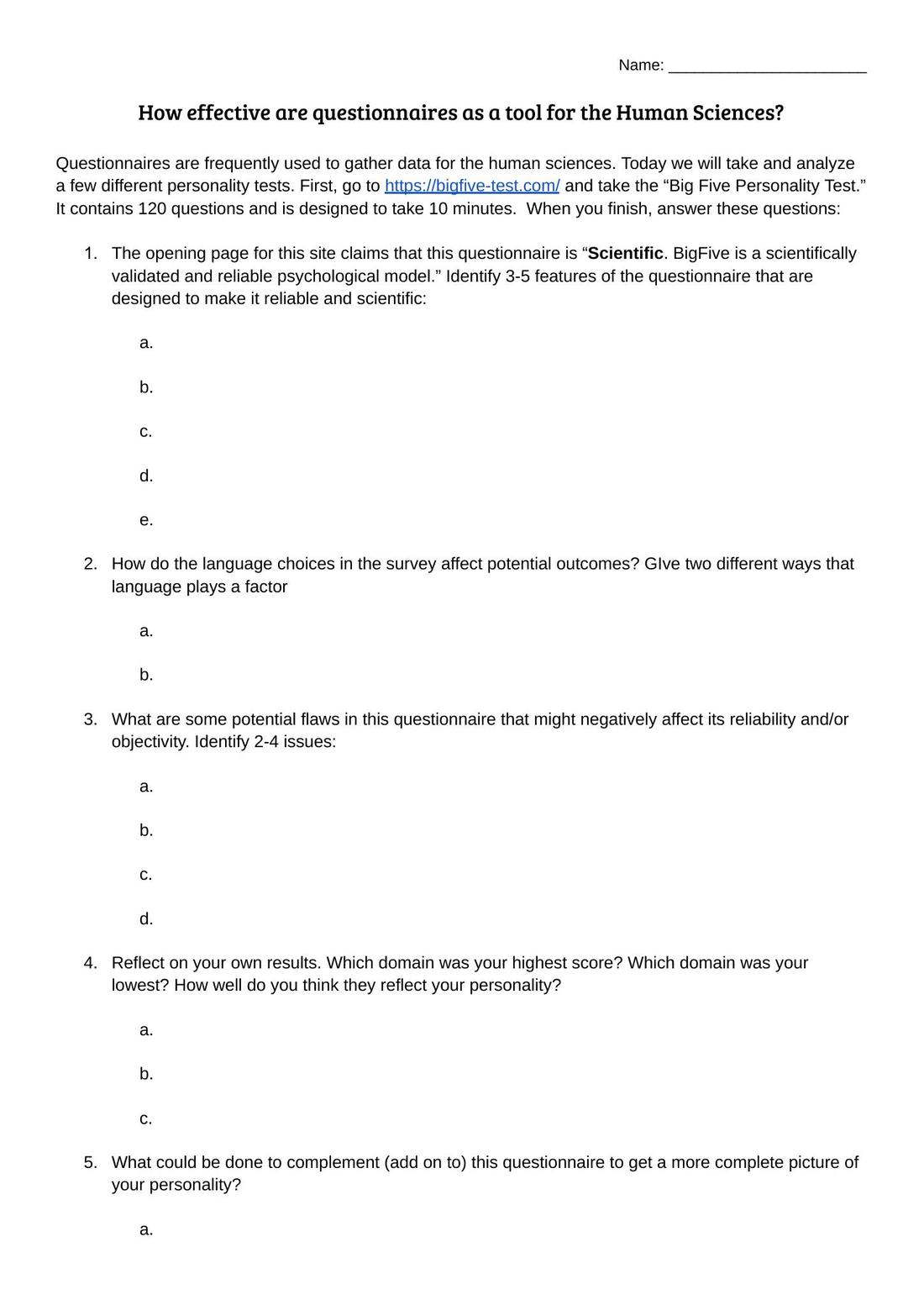 The personality test analysis worksheet
