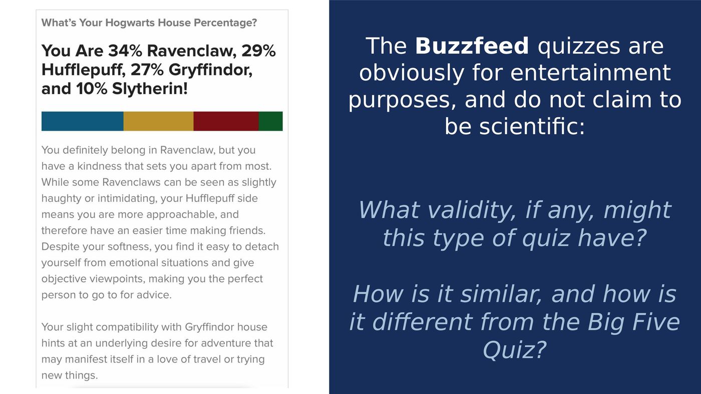 A BuzzFeed quiz result beside questions about its validity