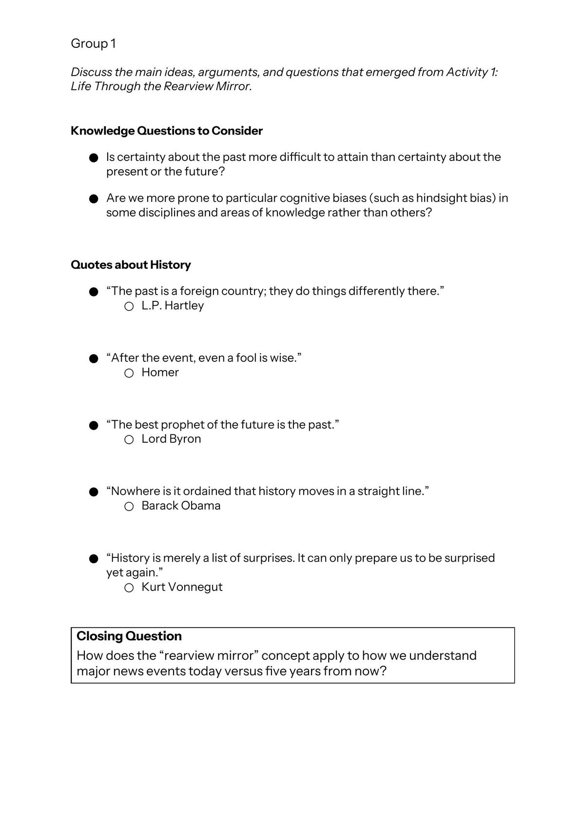 A seminar group page with knowledge questions and quotations