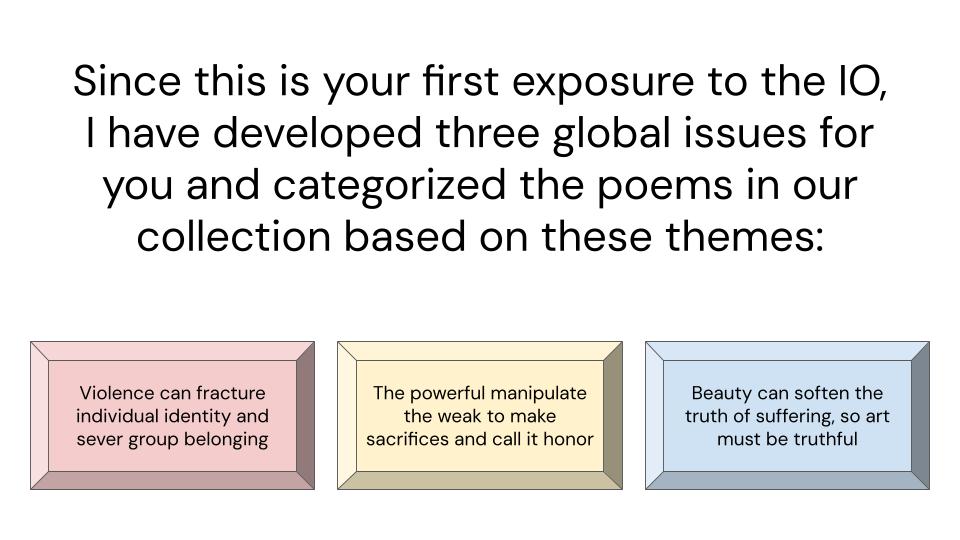 Poem titles from the Owen collection arranged around a slide introducing the global issue and literary work